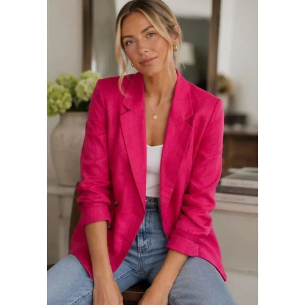 Anthropologie Dolan Hot Pink Linen Blend Double-Breasted Blazer Coastal Chic Sta